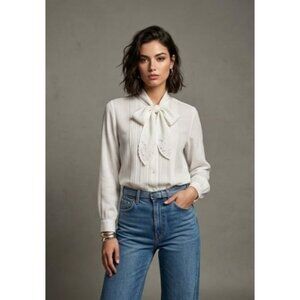 Vintage 80s Livran by Katakura Japan Ivory Polyester Shirt Blouse Lace Bib Pintu